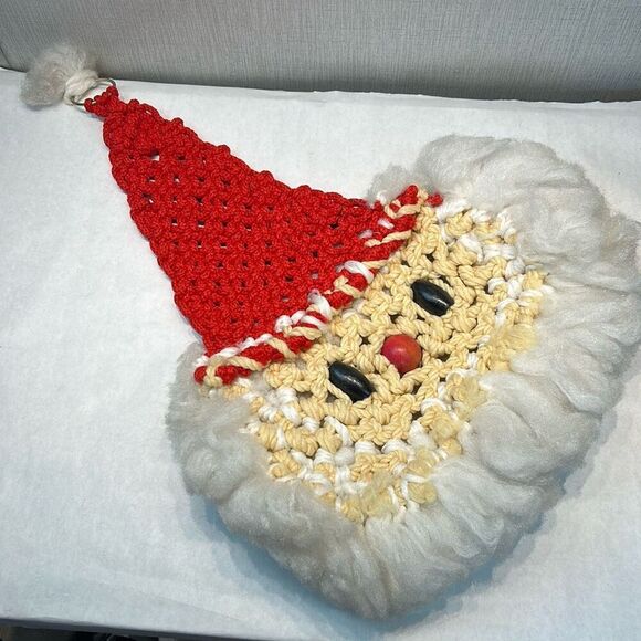Vtg Macrame Santa Claus Christmas Holiday Decor Wall Hanging Handmade - Picture 6 of 7